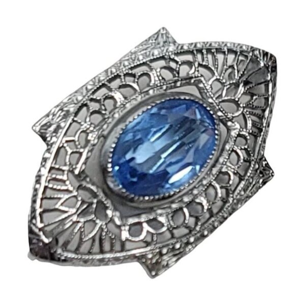 Silver-Tone Art Deco Blue Glass Open Back Filigree Bar Pin - Picture 3 of 8